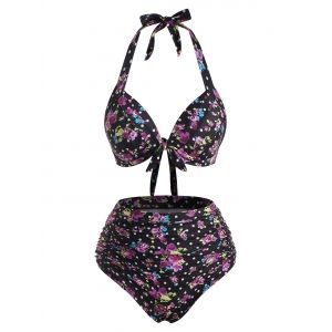 

Floral Polka Dot Print Halter Neck Bikini Swimwear, Light pink