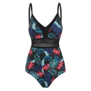 

Floral Print Mesh Splicing One-Piece Swimsuit, Multi