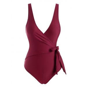 

Tie Knot Padded Surplice One-piece Swimwear, Deep red