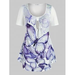 

Plus Size Butterfly Print Keyhole T-shirt, White