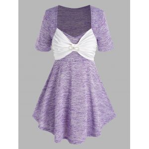 

Plus Size Rhinestone Bowknot Detail Heathered T-shirt, Purple