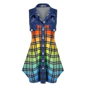 

Plus Size Sleeveless Flap Detail Ombre Color Plaid Blouse, Multi