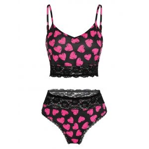 

Plus Size Heart Print Lace Trim Lingerie Set, Black