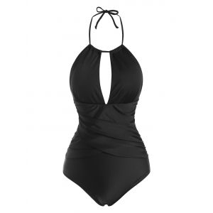 

Drawstring Halter Neck Cut Out One-Piece Swimsuit, Black
