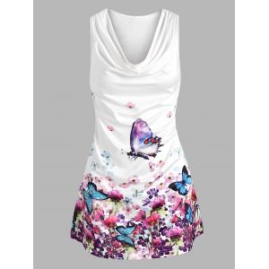 

Plus Size Draped Floral Butterfly Print Racerback Tunic Tank Top, White