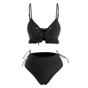 

Lace-up Frilled Ruched Waist Tankini Swimwear, Black
