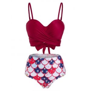 

Mermaid Star Print Padded Knotted Wrap Bikini Set, Deep red