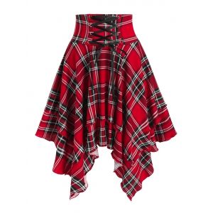 

Plaid Print Lace-up Handkerchief Layered Skirt, Red