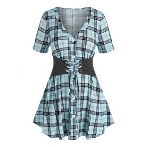 

Plus Size Plaid Lace-up Button Front Short Sleeve Top, Multi