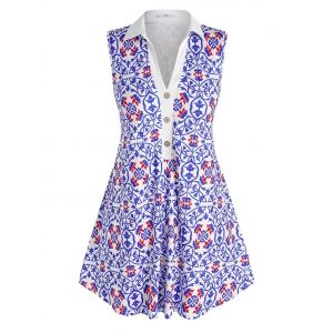 

Plus Size Retro Floral Print Mock Button Tank Top, Blue