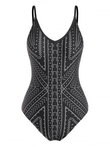 Spotted Geometric Pattern One-Piece Swimsuit - BLACK - XL