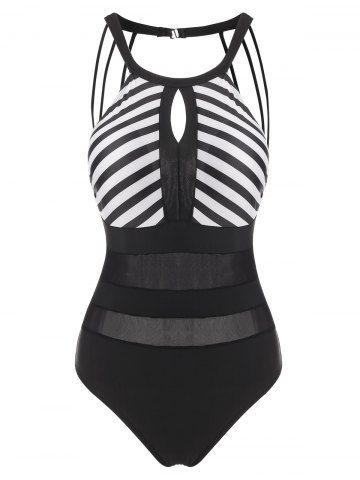 Striped Keyhole Straps Mesh Insert One-piece Swimsuit - BLACK - S