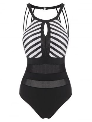 Striped Keyhole Straps Mesh Insert One-piece Swimsuit