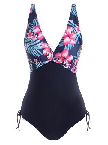 Tropical Flower Print Cinched Padded One-piece Swimwear - DEEP BLUE - S