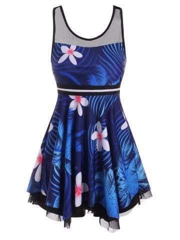 Tropical Print Mesh Panel Handkerchief Tankini Swimwear - BLUE - S