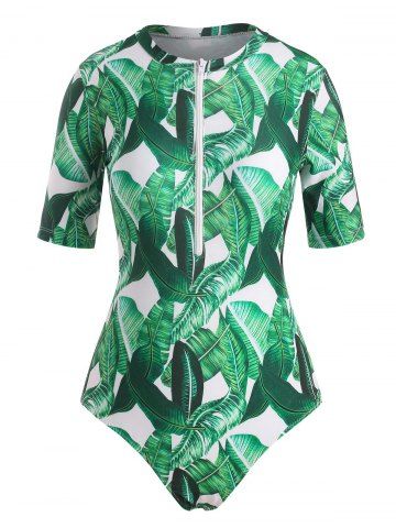 Palm Leaf Print Short Sleeve One-Piece Swimsuit - DEEP GREEN - L