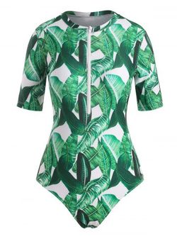 Palm Leaf Print Short Sleeve One-Piece Swimsuit - DEEP GREEN - XL