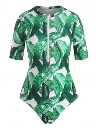 Palm Leaf Print Short Sleeve One-Piece Swimsuit