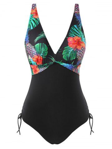 Tropical Flower Print Cinched Padded One-piece Swimwear - BLACK - M