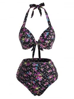 Floral Polka Dot Print Halter Neck Bikini Swimwear - LIGHT PINK - S