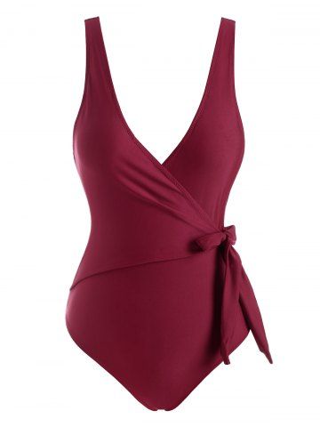 Tie Knot Padded Surplice One-piece Swimwear - DEEP RED - S