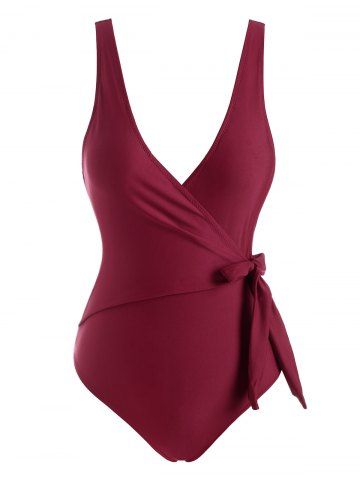 Tie Knot Padded Surplice One-piece Swimwear - DEEP RED - XL