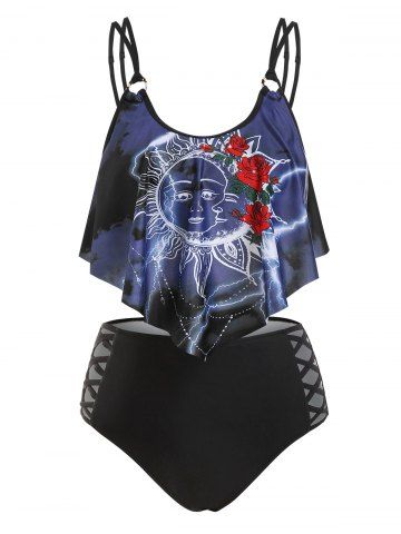 Sun Moon Rose Flower Print Criss-cross Padded Tankini Set - BLACK - M