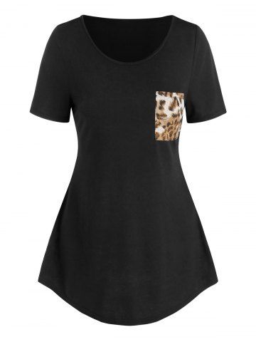 Camiseta de manga corta de bolsillo de impresión de leopardo - BLACK - XXXL