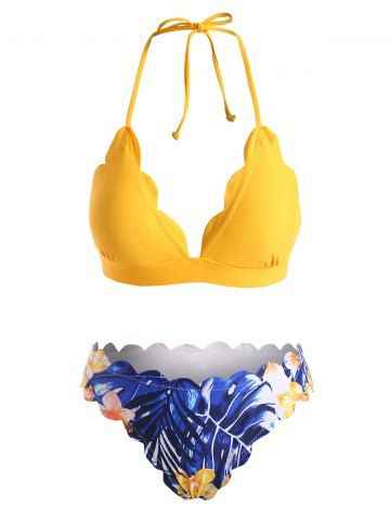Halter Hoja Floral Bikini Bikini Traje De Baño - YELLOW - L