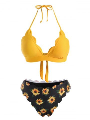 Halter Sunflower Tazas Triangulares Triangulares Bikini Swimwear - YELLOW - L