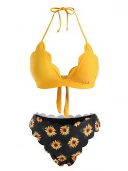 Halter Sunflower Scalloped Triangular Cups Bikini Swimwear - YELLOW - L