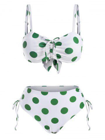 Polka Dot Cinched Full Coverage Bikini Swimwear - WHITE - M