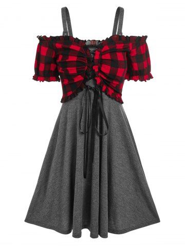 Plaid Print Lace-up Top and Sleeveless Heathered Dress - RED - XL