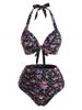 Floral Polka Dot Print Halter Neck Bikini Swimwear -  