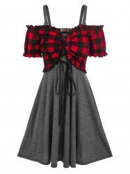 Plaid Print Lace-up Top and Sleeveless Heathered Dress -  