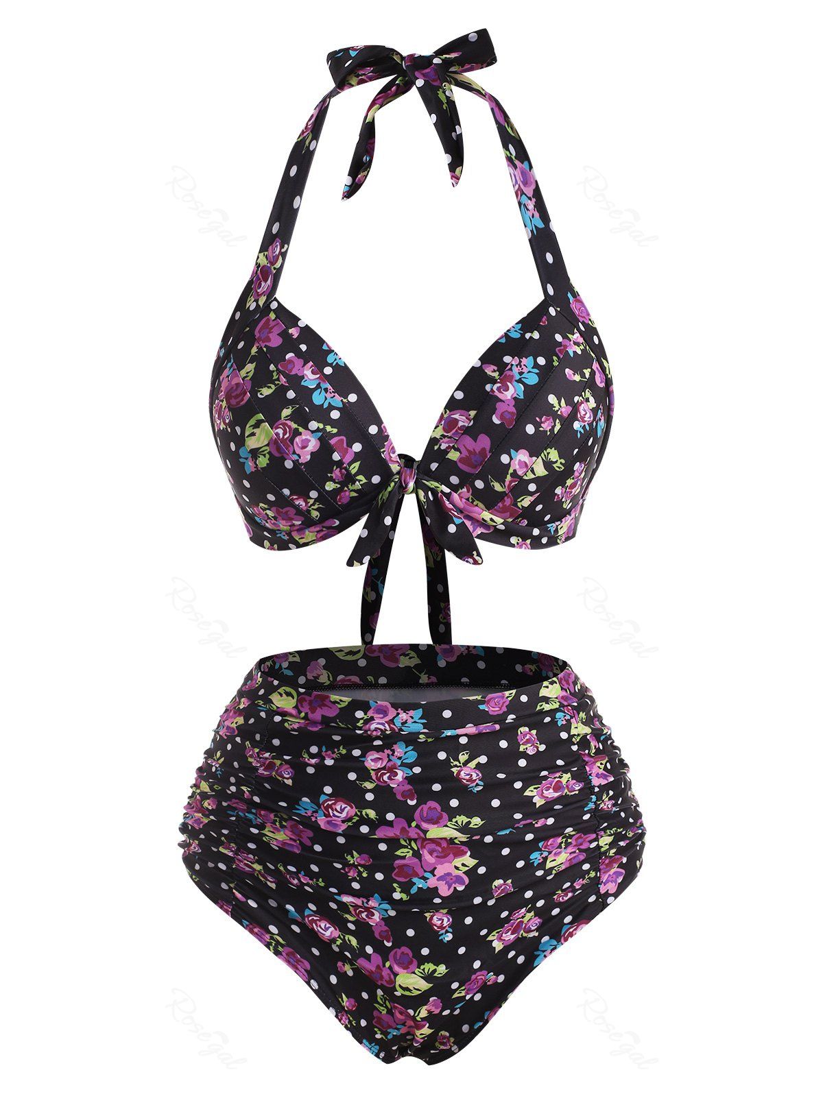 Shop Floral Polka Dot Print Halter Neck Bikini Swimwear  