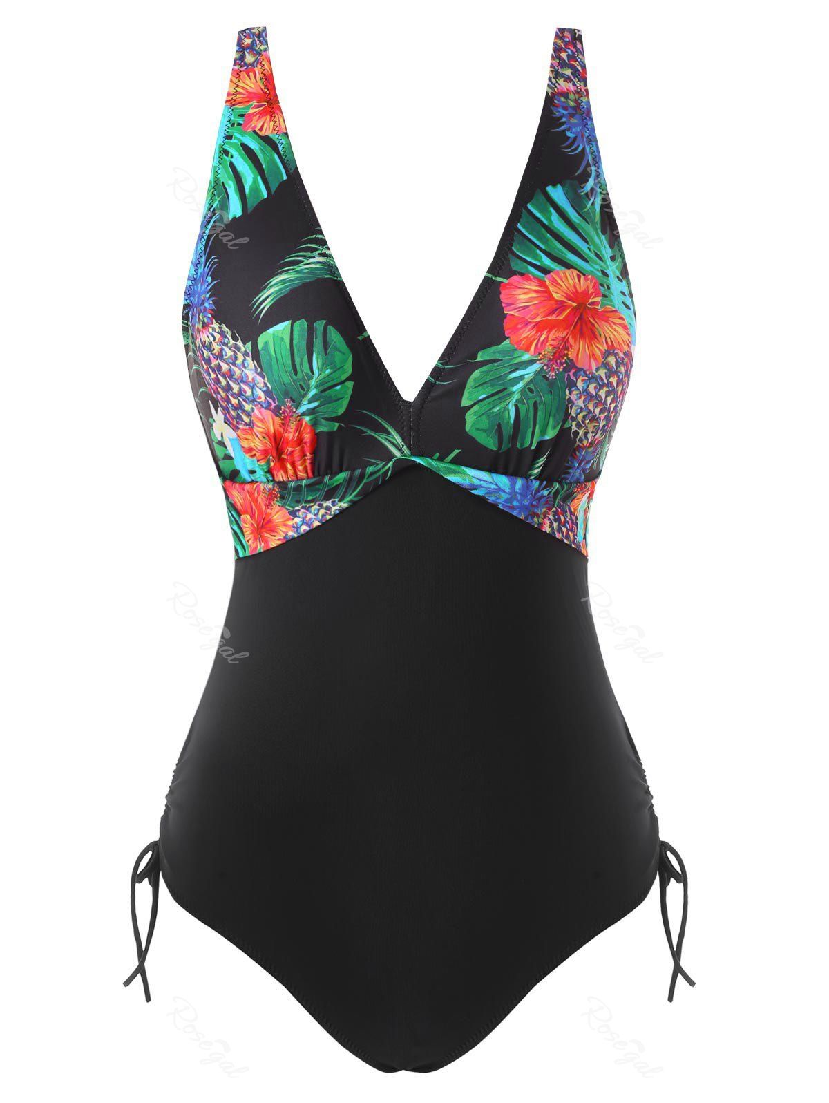 Fashion Tropical Flower Print Cinched Padded One-piece Swimwear  