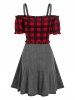 Plaid Print Lace-up Top and Sleeveless Heathered Dress -  