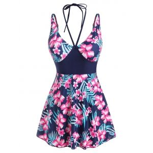 

Plunge Flower Print Skirted Tankini Swimwear, Multi