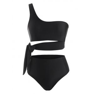 

One Shoulder Side Knot Cutout High Waisted Bikini Swimwear, Black