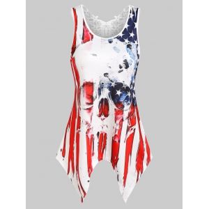 

American Flag Skull Print Lace Insert Handkerchief Tank Top, Red