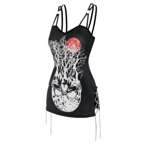 

Skull Tree Moon Print Chain Lace-up Strappy Tank Top, Black