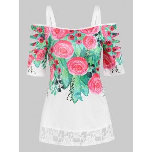 

Cold Shoulder Flower Print Lace Insert Ripped T-shirt, Light pink