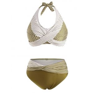 

Polka Dot Twisted Halter Bikini Swimwear, Deep green
