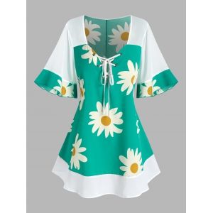 

Plus Size Flower Print Flare Sleeve Lace Up Blouse, Light green