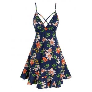 

Strappy Floral Printed Flounce Sundress, Deep blue