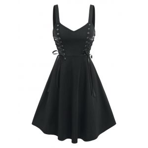 

Side Lace Up High Waist Flare Dress, Black