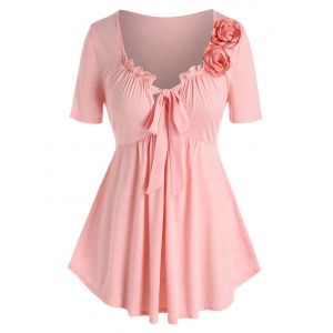 

Plus Size Lace Up Floral Asymmetric T Shirt, Light pink