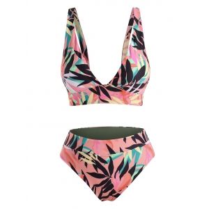 

Plunge Leaf Print Cheeky Tankini Swimwear, Light pink