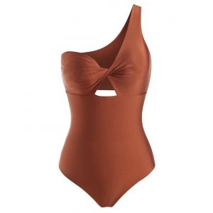 

One Shoulder Twist Cutout Metallic One-piece Swimsuit, Coffee
